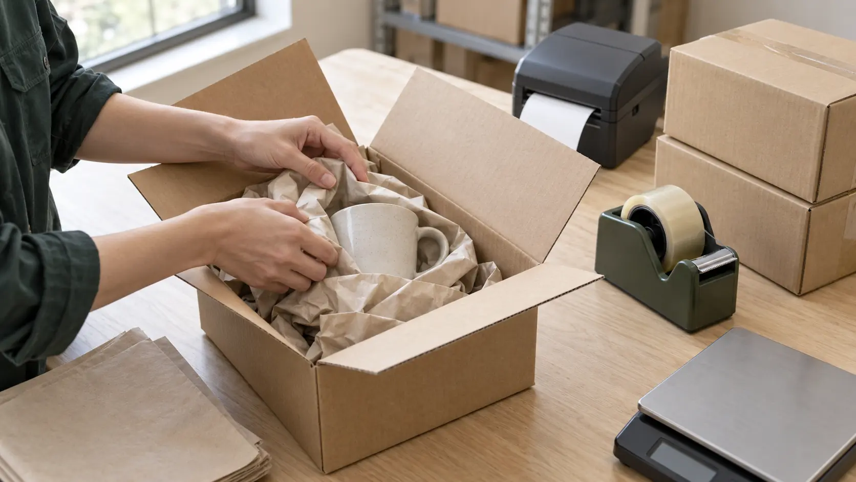 商品の状態を確認して緩衝材で梱包するイメージ
