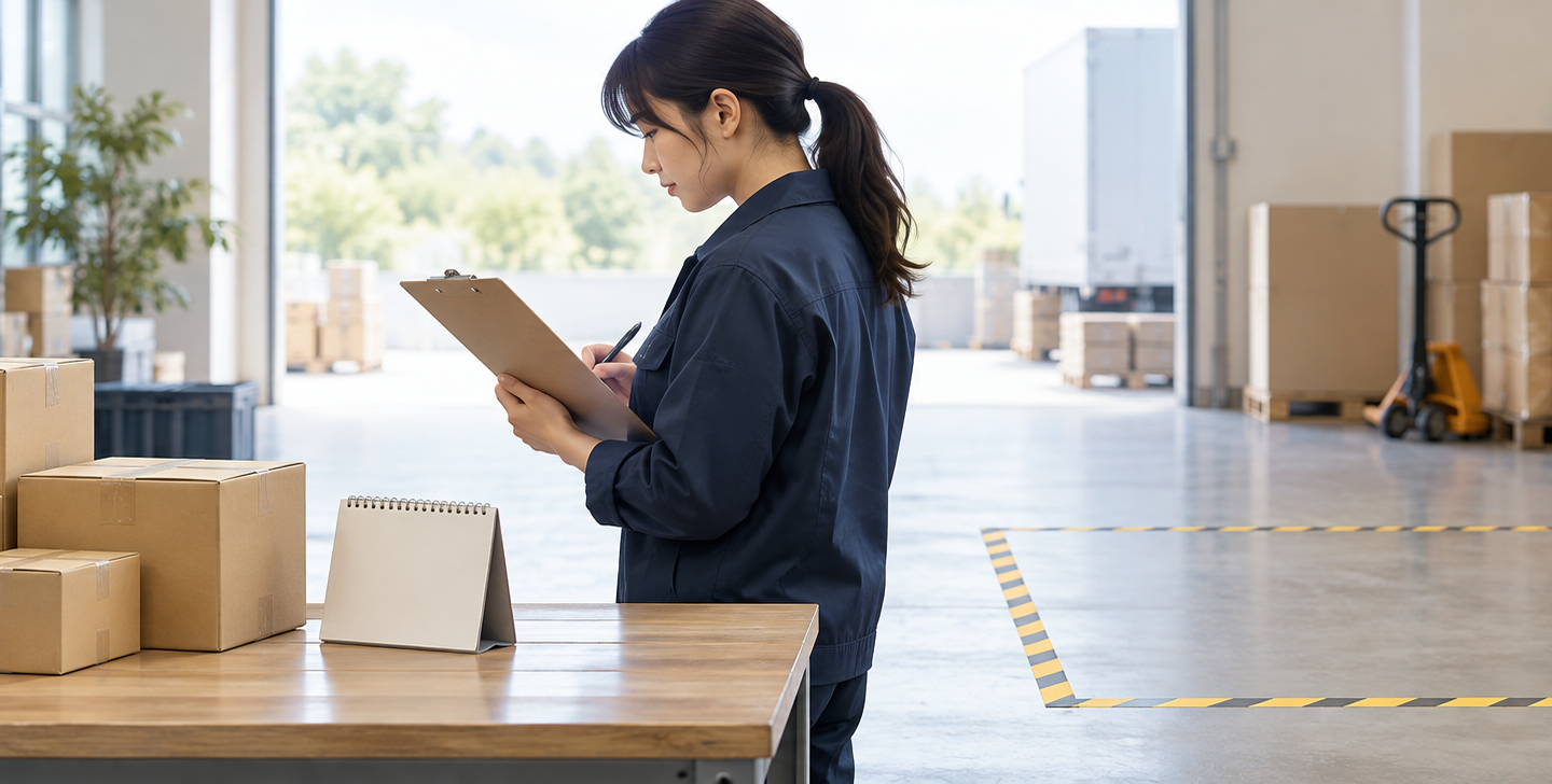 予約商品の入荷遅延を受け、検品済みの現物と未入荷分を分けて確認する担当者