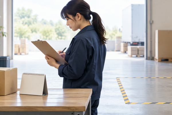 予約商品の入荷遅延を受け、検品済みの現物と未入荷分を分けて確認する担当者