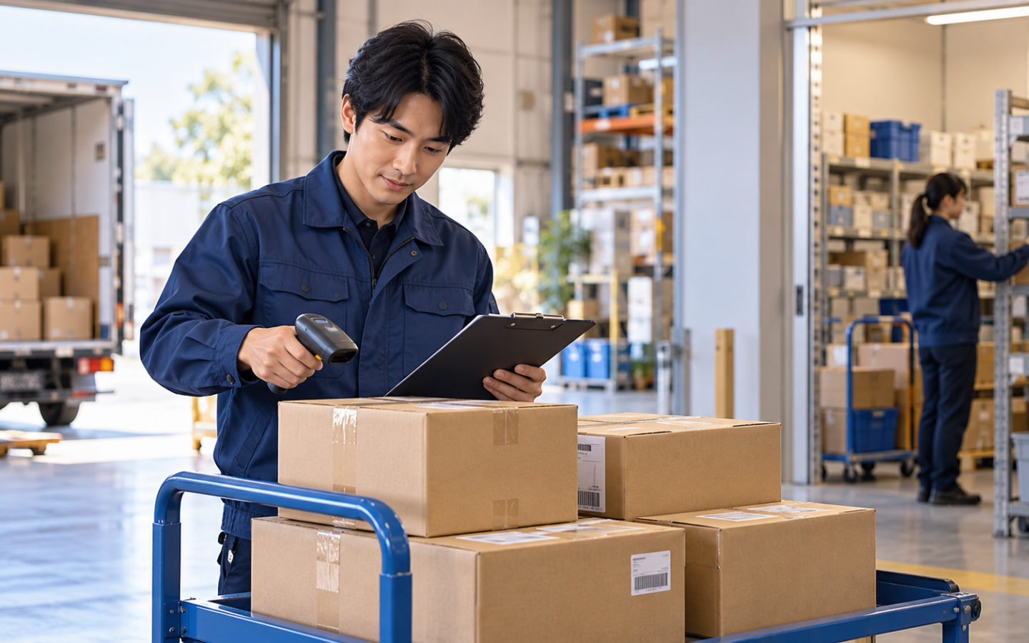 倉庫間で移動する商品箱を台車に載せ、記録用紙と照合する担当者