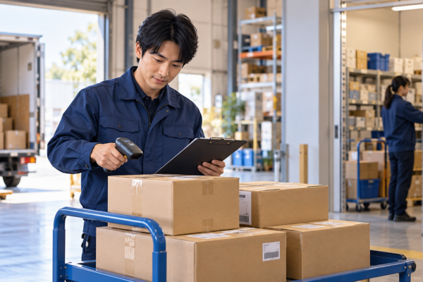 倉庫間で移動する商品箱を台車に載せ、記録用紙と照合する担当者
