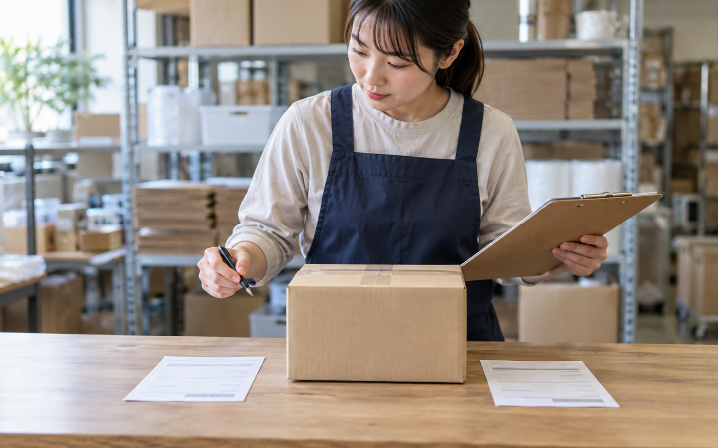 商品箱1個と2件の注文票を照合する倉庫担当者