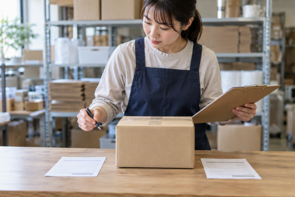 商品箱1個と2件の注文票を照合する倉庫担当者