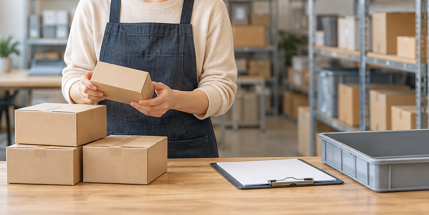 検品済み商品と入荷予定の記録を分けて予約注文を確認する倉庫担当者