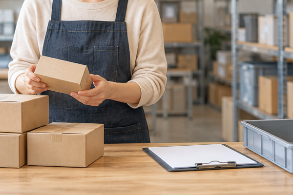 検品済み商品と入荷予定の記録を分けて予約注文を確認する倉庫担当者