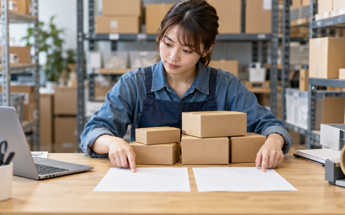 商品箱と二枚の用紙を確認する倉庫担当者
