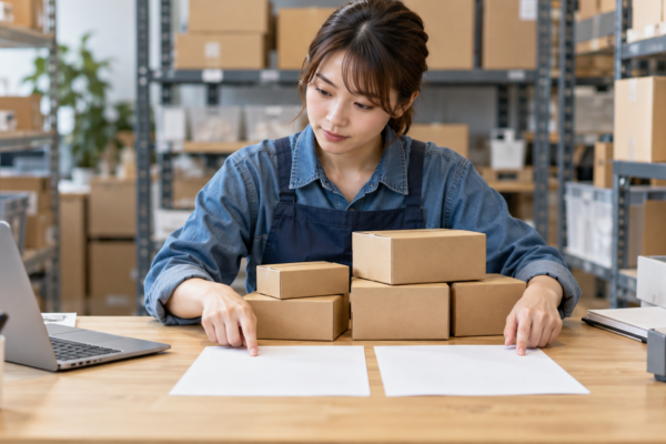 商品箱と二枚の用紙を確認する倉庫担当者