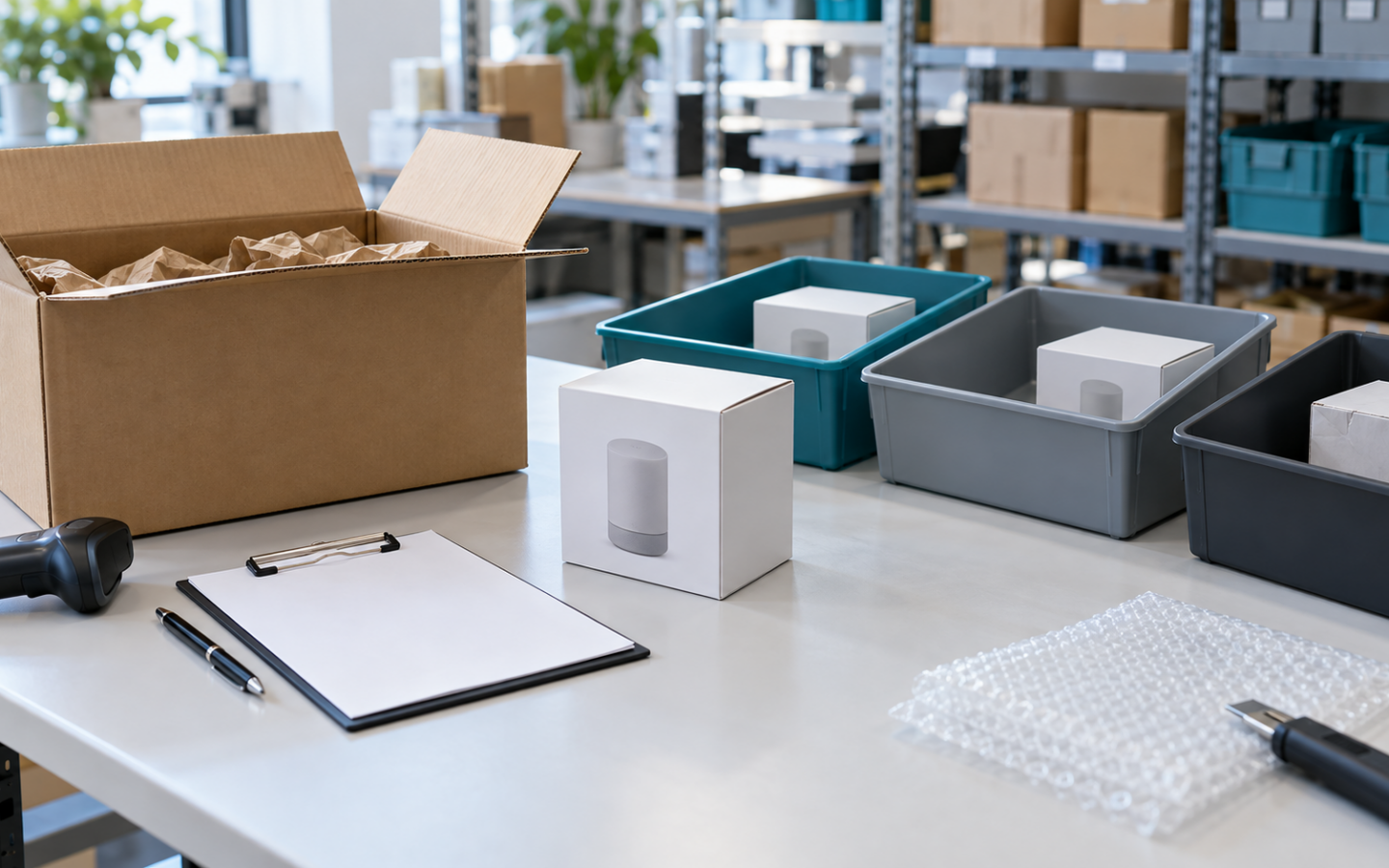 返品商品の箱、記録用紙、仕分け用の保管箱を並べた検品作業台