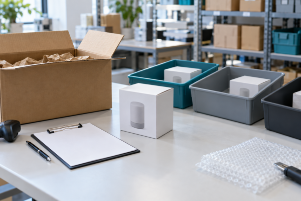返品商品の箱、記録用紙、仕分け用の保管箱を並べた検品作業台