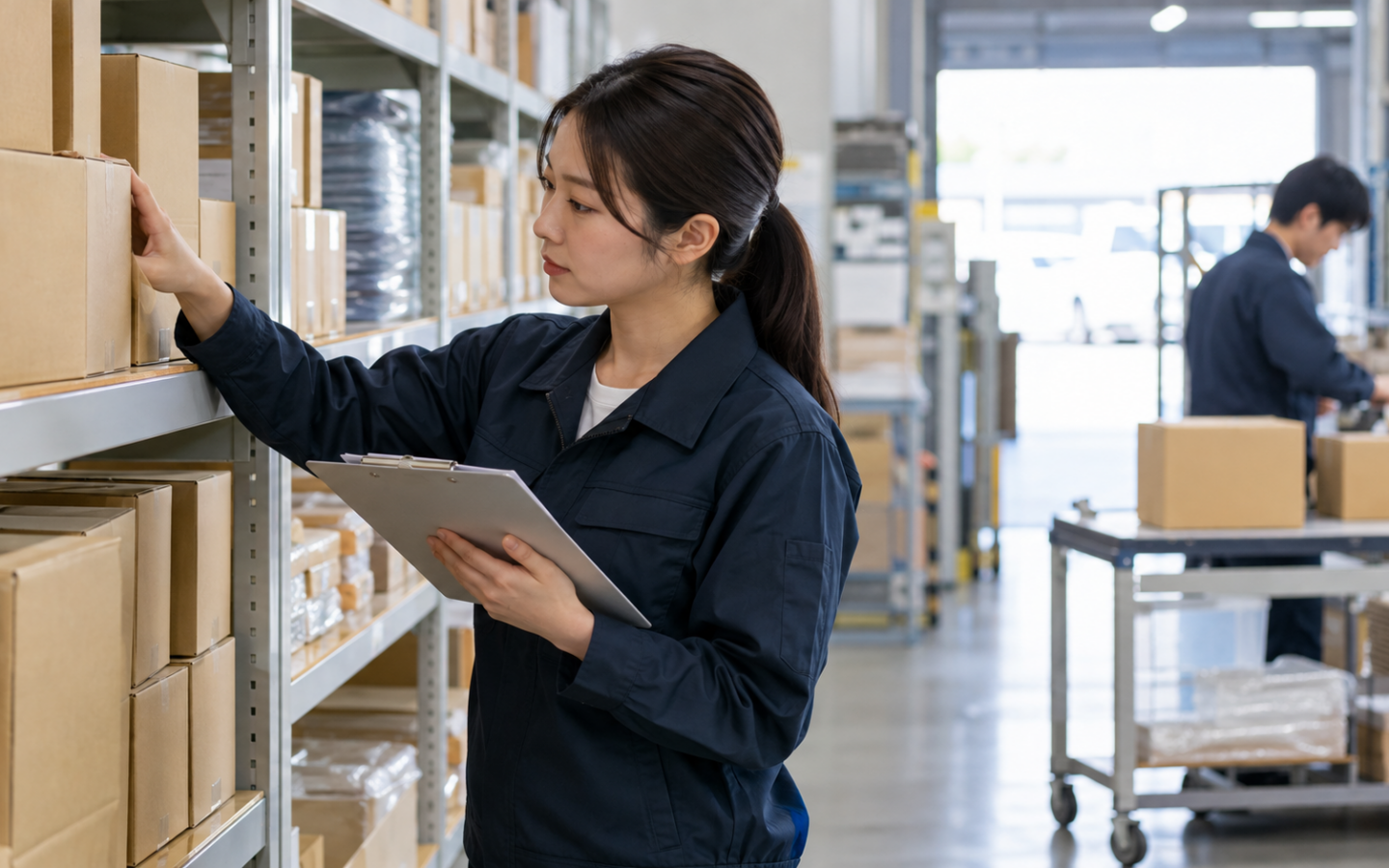 棚卸し中に倉庫の棚と出荷待ち商品の数量を記録する担当者