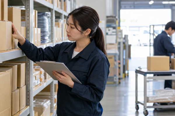 棚卸し中に倉庫の棚と出荷待ち商品の数量を記録する担当者