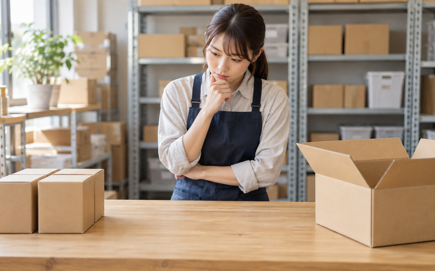 セット用の箱と構成品を照合する倉庫担当者