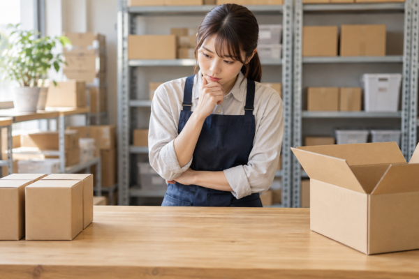 セット用の箱と構成品を照合する倉庫担当者