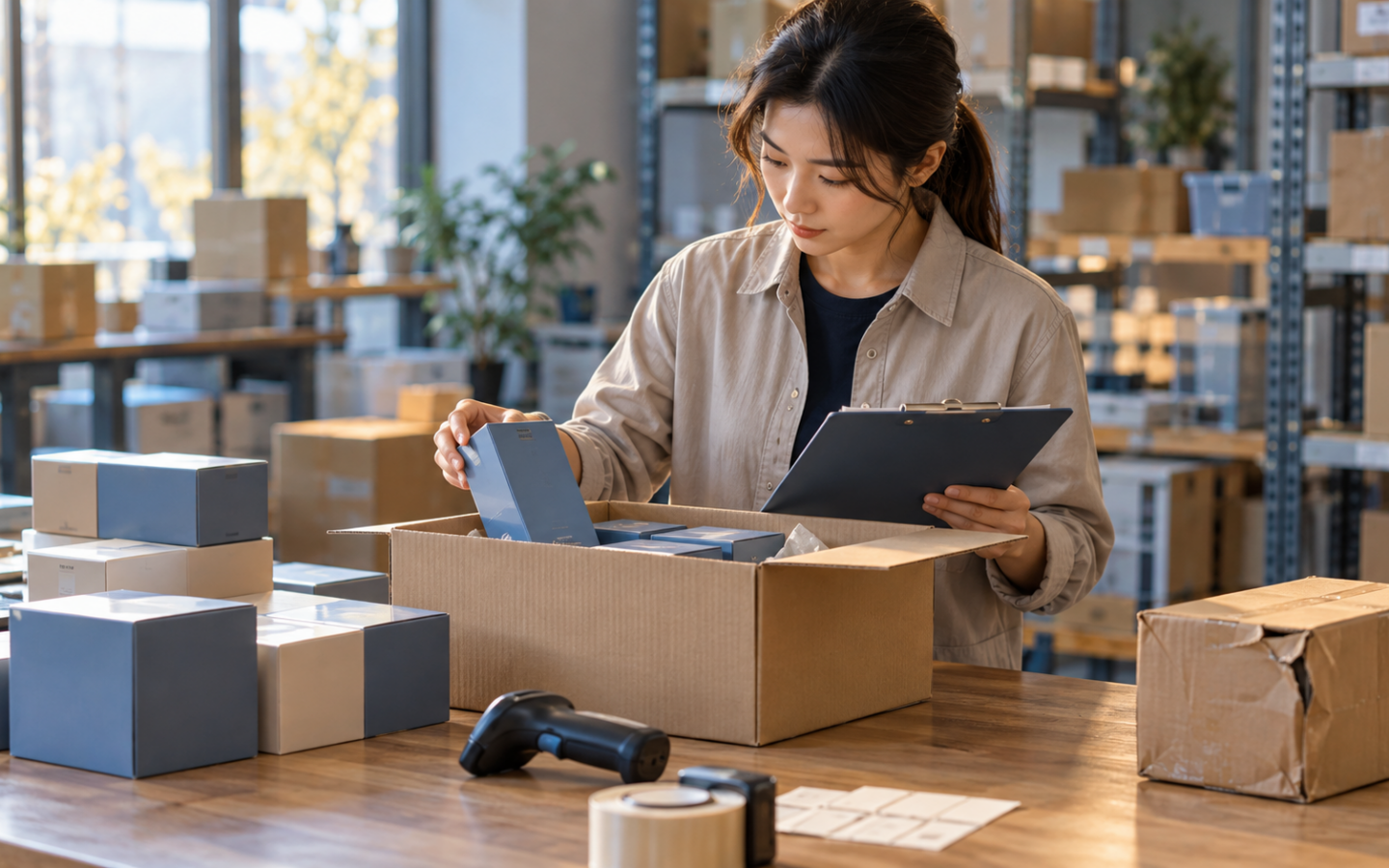 入荷した商品箱を開き、記録用紙と照合して検品する倉庫担当者