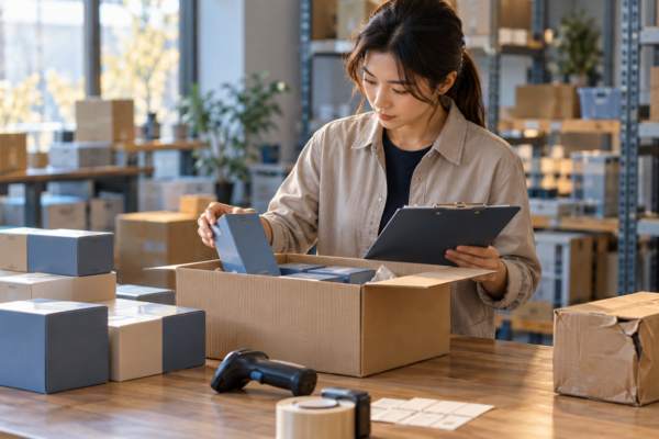 入荷した商品箱を開き、記録用紙と照合して検品する倉庫担当者