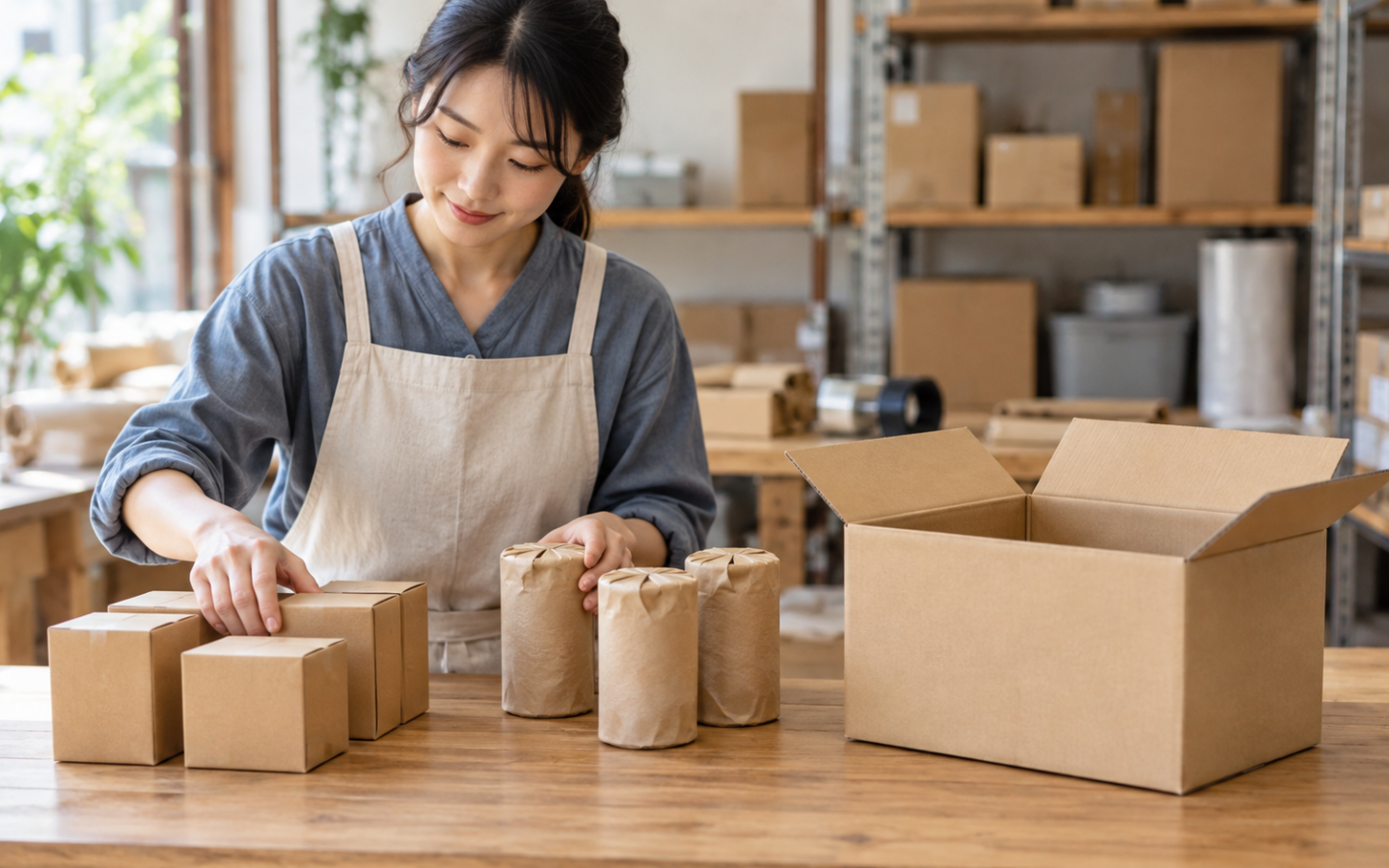 二種類の商品箱とセット用の箱を確認する倉庫担当者