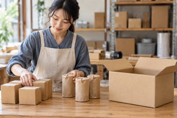 二種類の商品箱とセット用の箱を確認する倉庫担当者