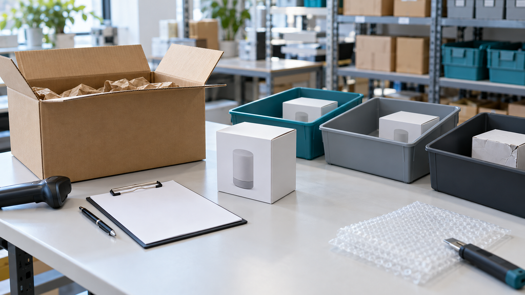 返品商品の箱、記録用紙、仕分け用の保管箱を並べた検品作業台